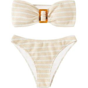 Women's 2 Piece Striped Swimsuit Strapless Bandeau High Waisted Bikini Suit